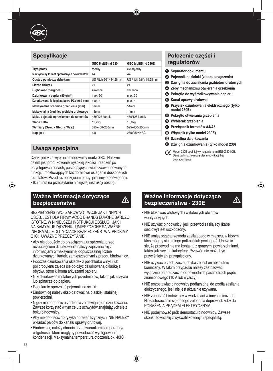 Położenie części i regulatorów, Ważne informacje dotyczące bezpieczeństwa, Specyfikacje | Uwaga specjalna, Ważne informacje dotyczące bezpieczeństwa - 230e | GBC 230E MultiBind User Manual | Page 56 / 74