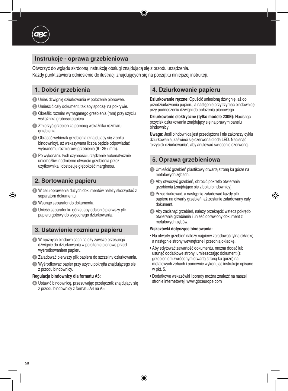 Instrukcje - oprawa grzebieniowa, Dobór grzebienia, Ustawienie rozmiaru papieru | Sortowanie papieru, Dziurkowanie papieru, Oprawa grzebieniowa | GBC 230E MultiBind User Manual | Page 58 / 74