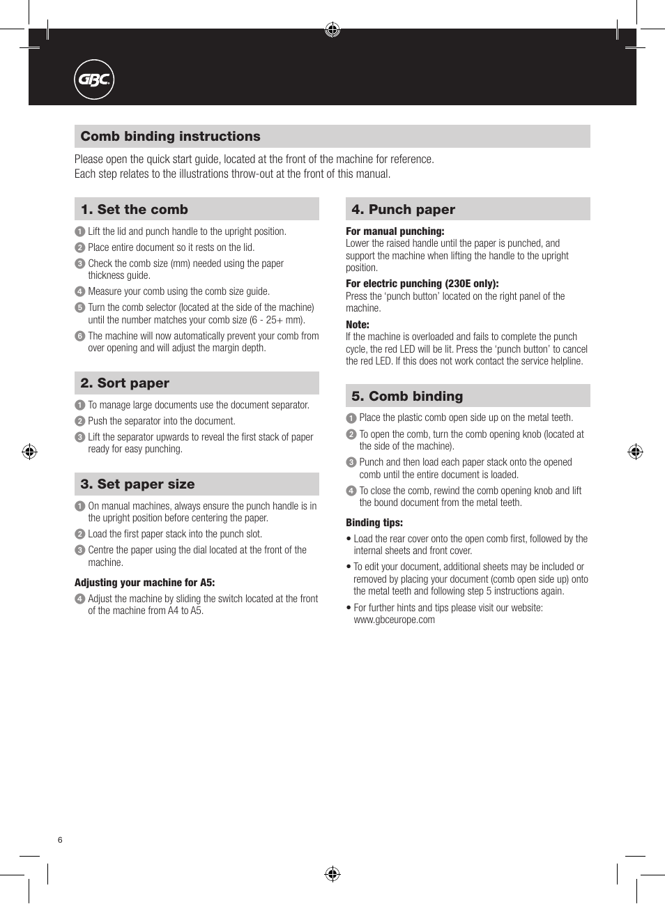Comb binding instructions, Set the comb, Sort paper | Set paper size, Punch paper, Comb binding | GBC 230E MultiBind User Manual | Page 6 / 74