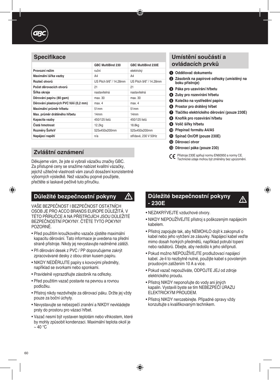 Umístění součástí a ovládacích prvků, Důležité bezpečnostní pokyny, Specifikace | Zvláštní oznámení, Důležité bezpečnostní pokyny - 230e | GBC 230E MultiBind User Manual | Page 60 / 74