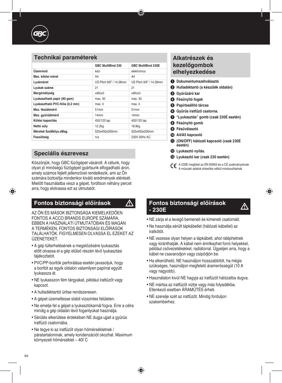 Alkatrészek és kezelőgombok elhelyezkedése, Fontos biztonsági előírások, Technikai paraméterek | Speciális észrevesz, Fontos biztonsági előírások - 230e | GBC 230E MultiBind User Manual | Page 64 / 74