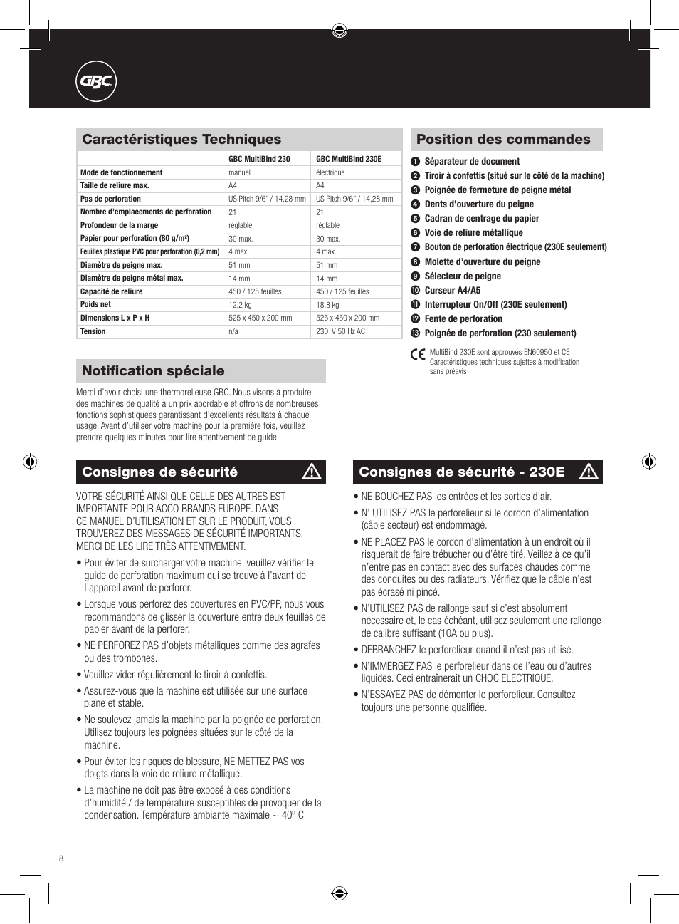 Position des commandes, Consignes de sécurité, Caractéristiques techniques | Notification spéciale, Consignes de sécurité - 230e | GBC 230E MultiBind User Manual | Page 8 / 74