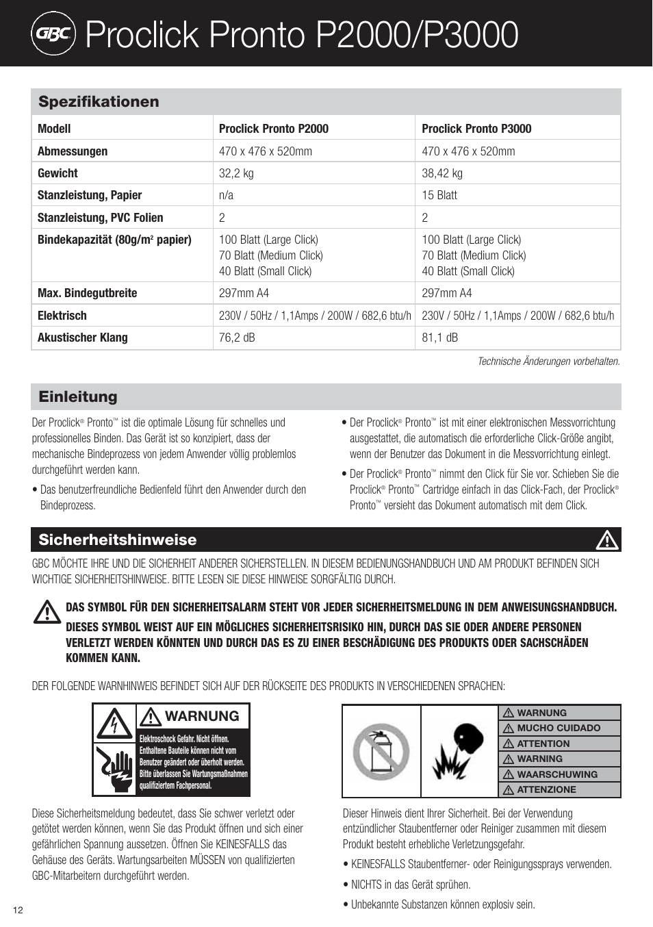 Spezifikationen, Sicherheitshinweise, Einleitung | GBC P3000 ProClick Pronto User Manual | Page 12 / 30