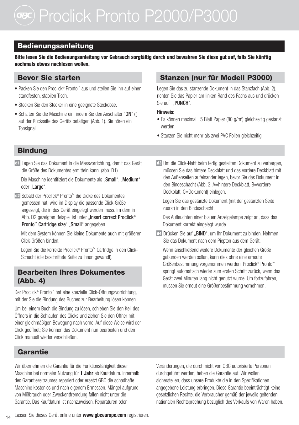 Bedienungsanleitung, Bevor sie starten, Stanzen (nur für modell p3000) | Bindung, Bearbeiten ihres dokumentes (abb. 4), Garantie | GBC P3000 ProClick Pronto User Manual | Page 14 / 30