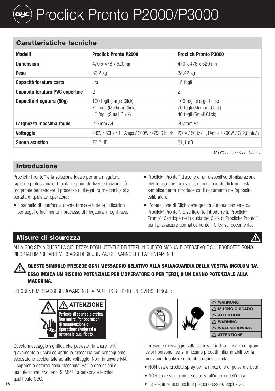 Caratteristiche tecniche, Misure di sicurezza, Introduzione | GBC P3000 ProClick Pronto User Manual | Page 16 / 30