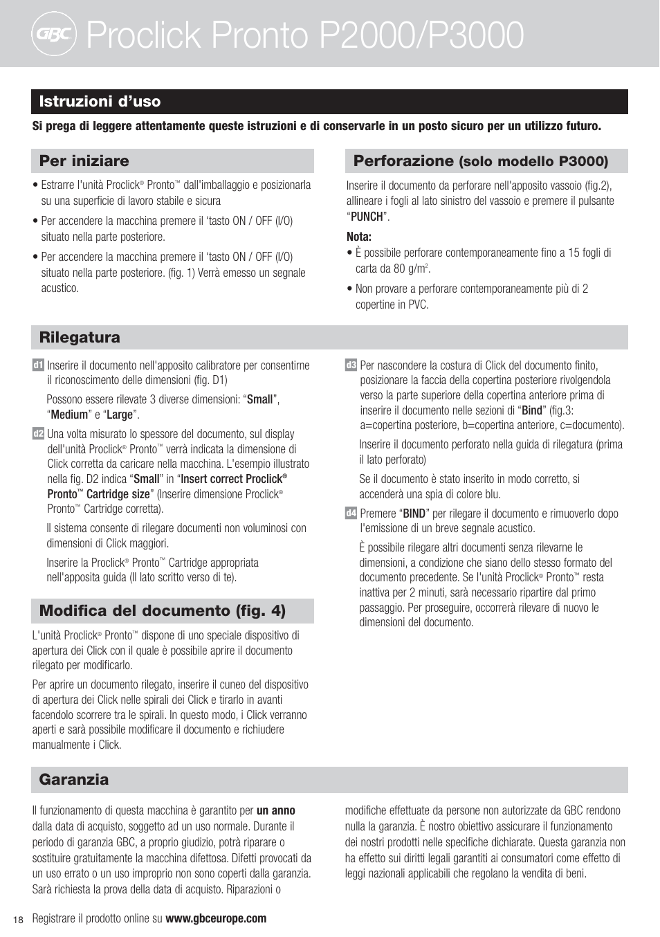 Istruzioni d’uso, Per iniziare, Perforazione | Modifica del documento (fig. 4), Garanzia, Rilegatura | GBC P3000 ProClick Pronto User Manual | Page 18 / 30
