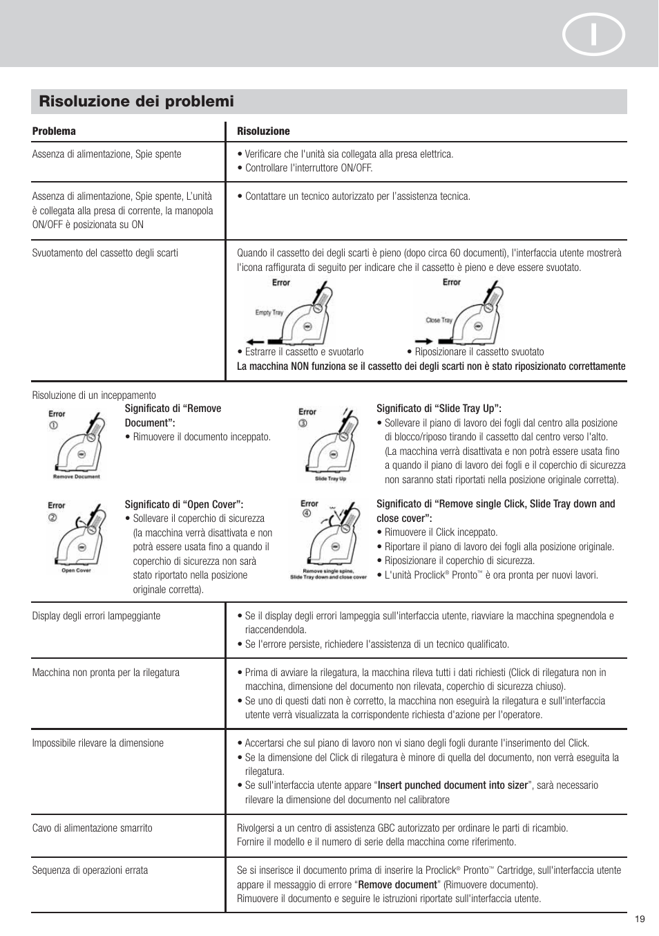Risoluzione dei problemi | GBC P3000 ProClick Pronto User Manual | Page 19 / 30