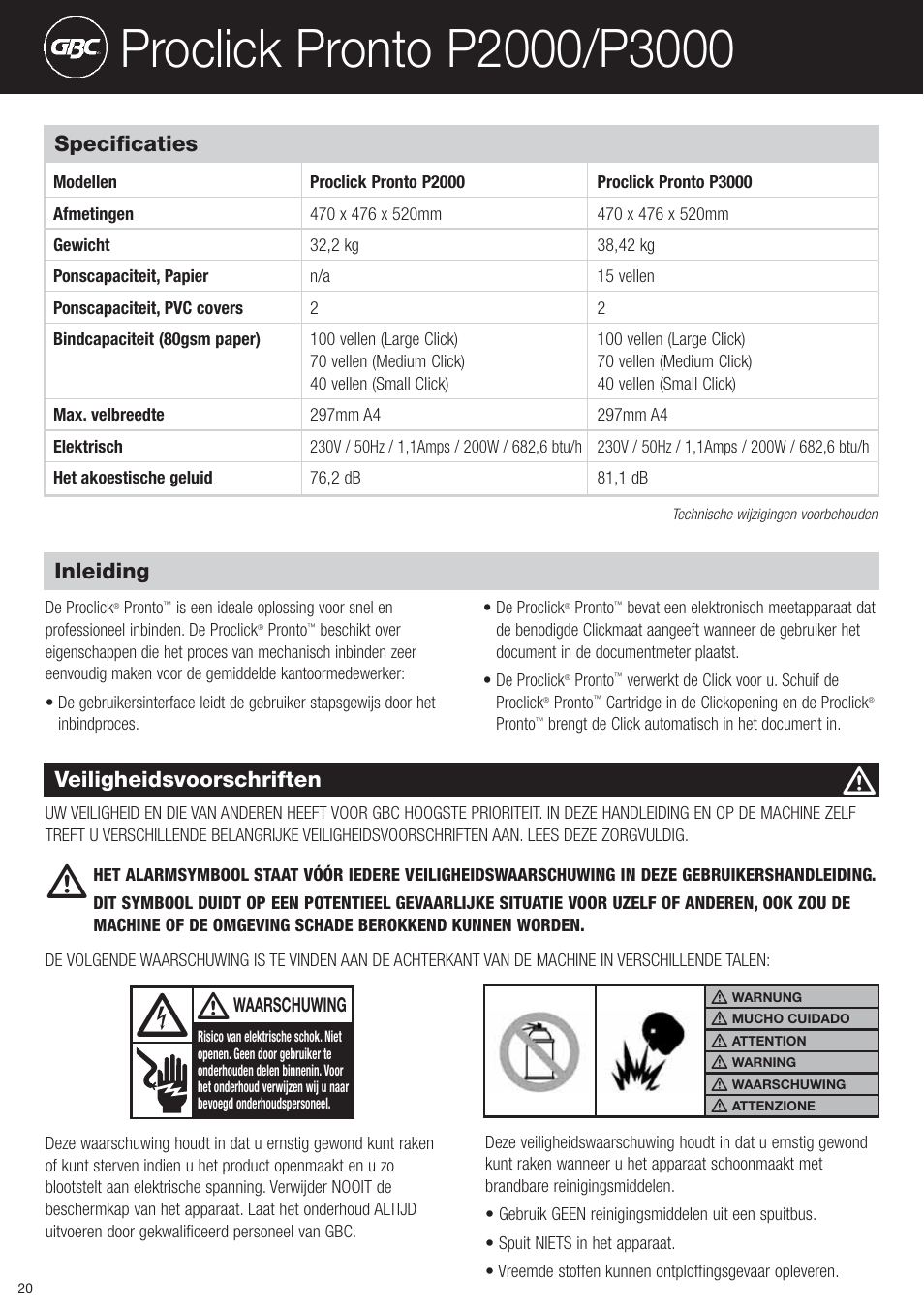Specificaties, Veiligheidsvoorschriften, Inleiding | GBC P3000 ProClick Pronto User Manual | Page 20 / 30