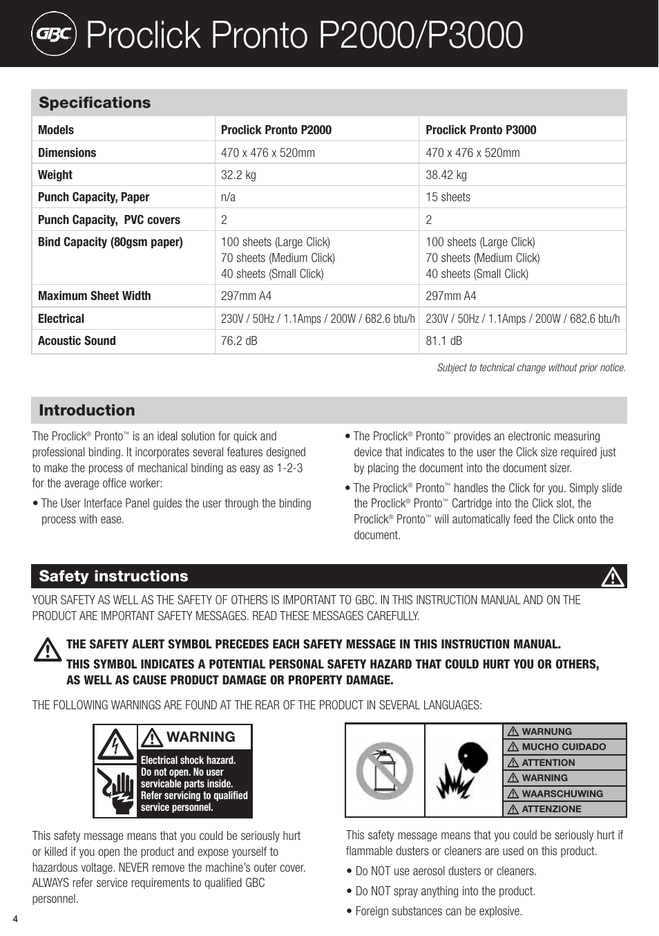 Specifications, Safety instructions, Introduction | GBC P3000 ProClick Pronto User Manual | Page 4 / 30