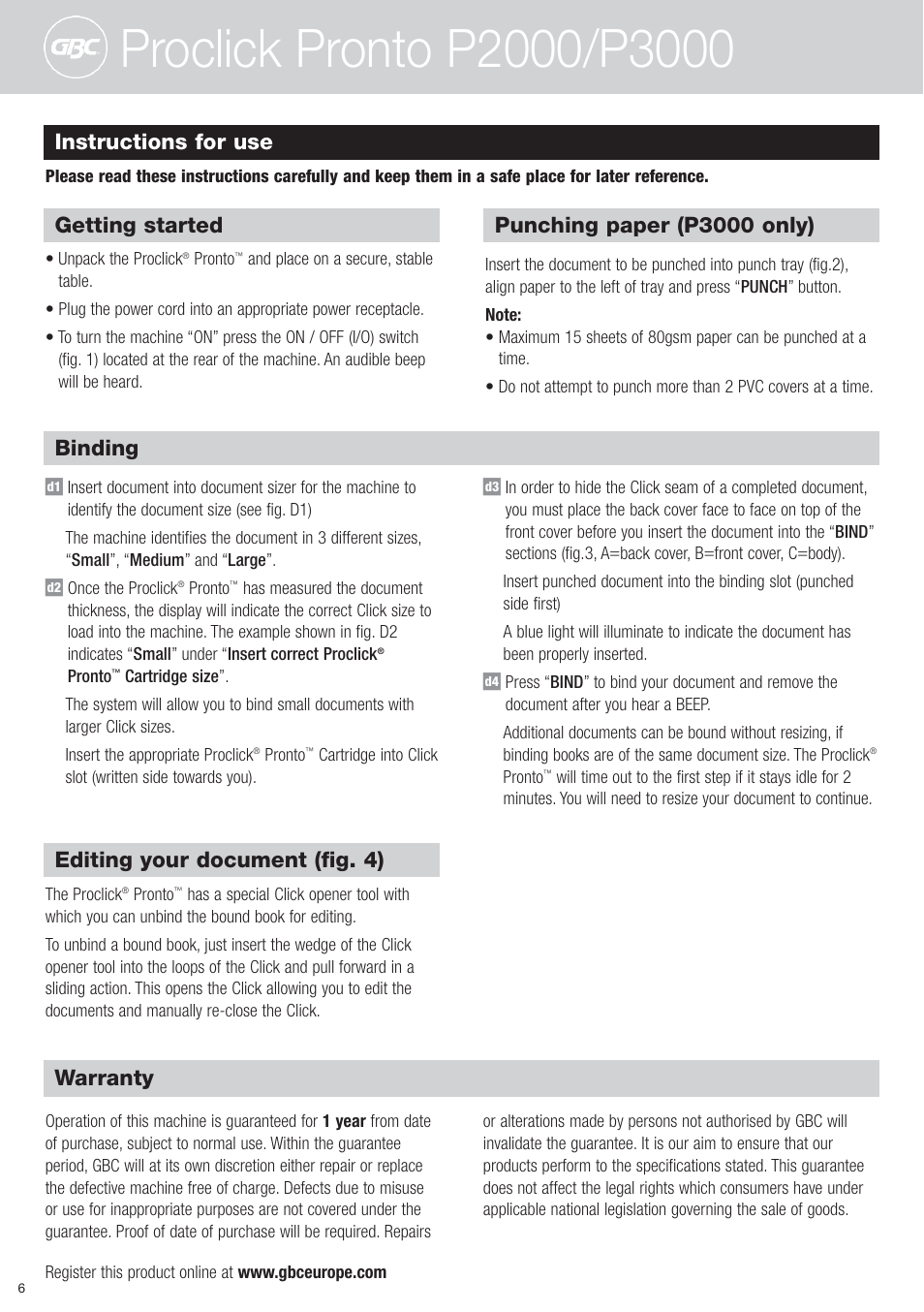 Instructions for use, Getting started, Punching paper (p3000 only) | Binding, Editing your document (fig. 4), Warranty | GBC P3000 ProClick Pronto User Manual | Page 6 / 30