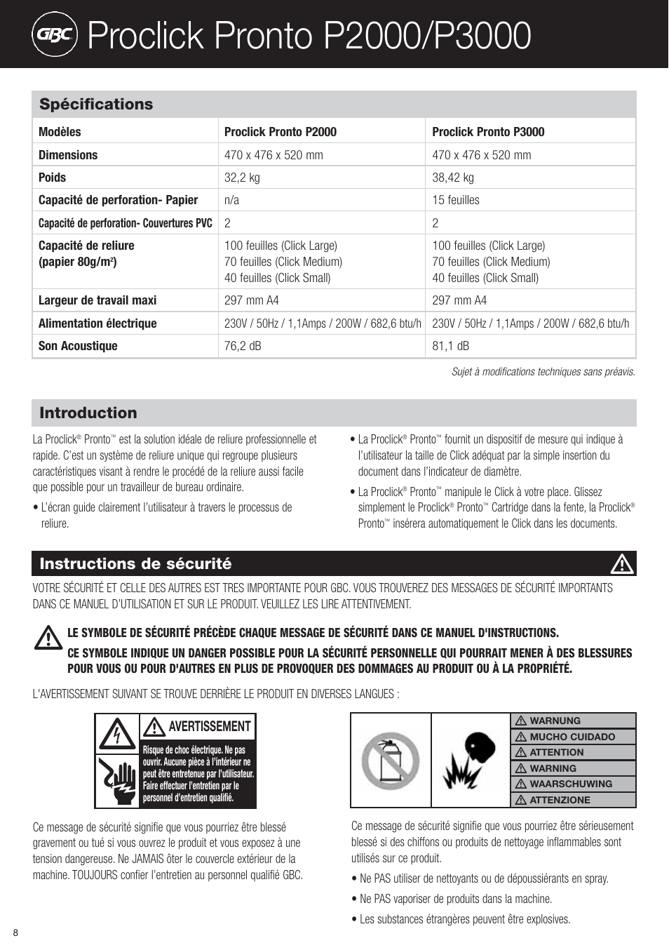 Spécifications, Instructions de sécurité, Introduction | GBC P3000 ProClick Pronto User Manual | Page 8 / 30