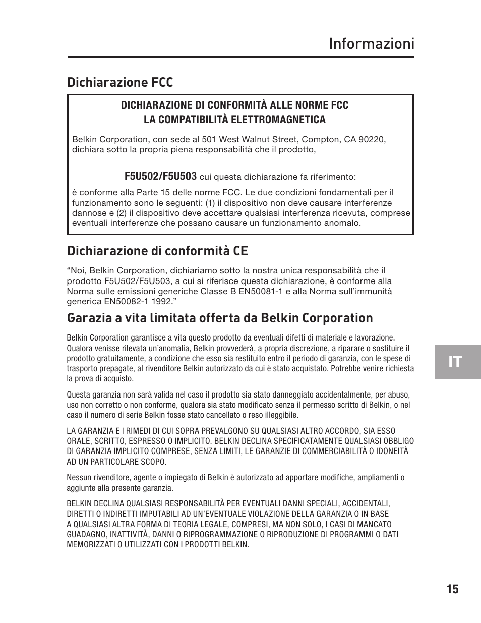 Informazioni, Dichiarazione fcc, Dichiarazione di conformità ce | Belkin FIREWIRE F5U503 User Manual | Page 109 / 112