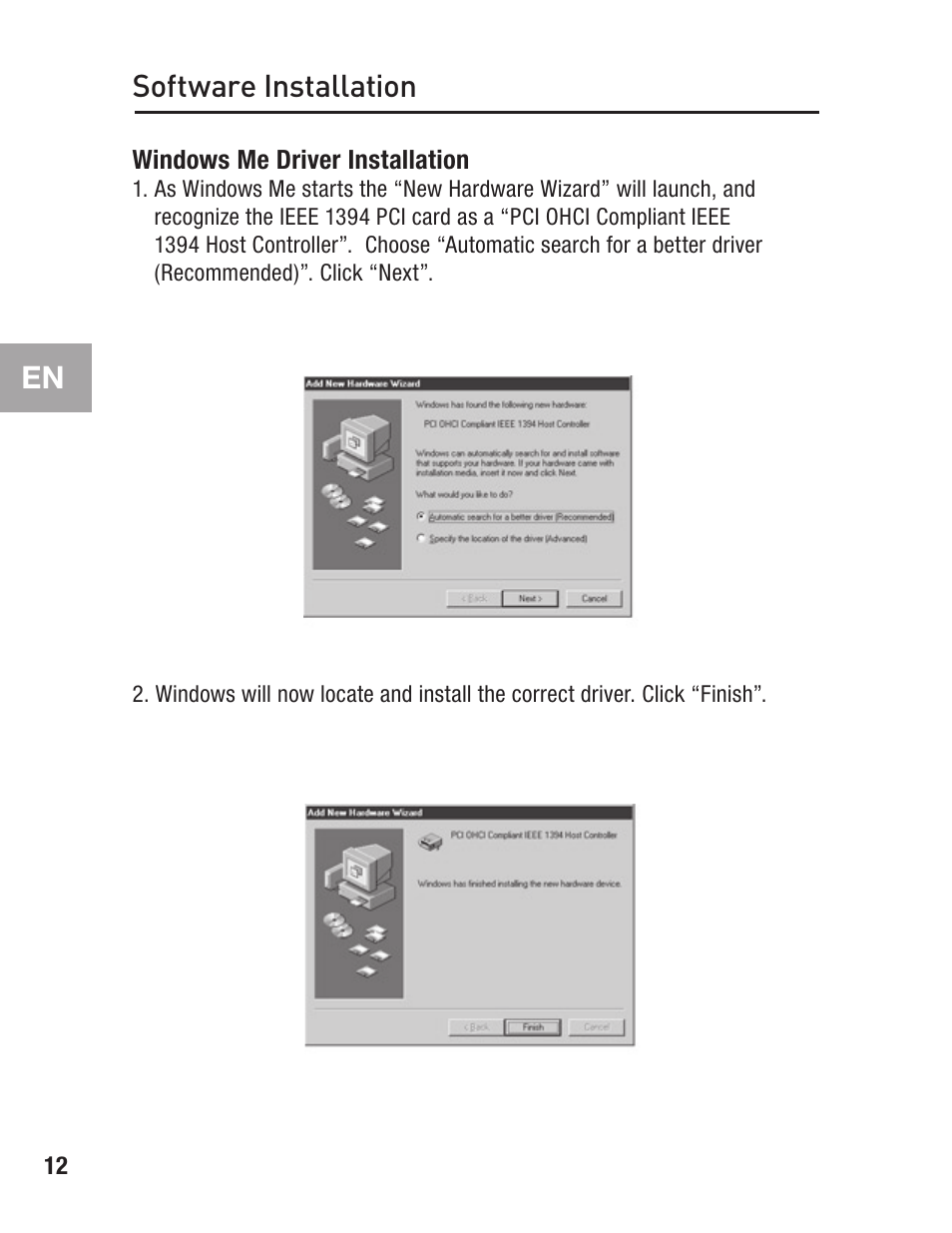 Windows me driver installation, Software installation | Belkin FIREWIRE F5U503 User Manual | Page 16 / 112