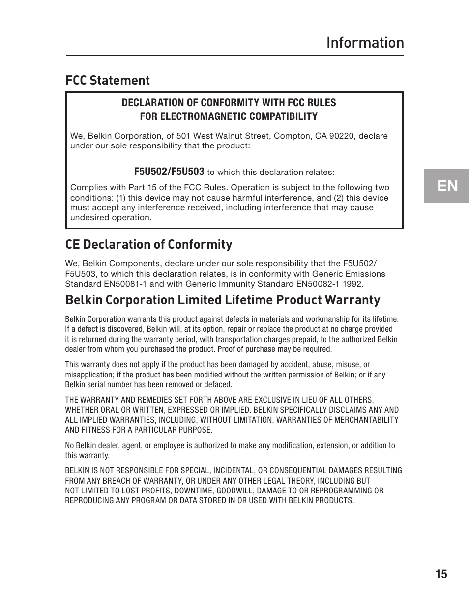 Information, Fcc statement, Ce declaration of conformity | Belkin FIREWIRE F5U503 User Manual | Page 19 / 112