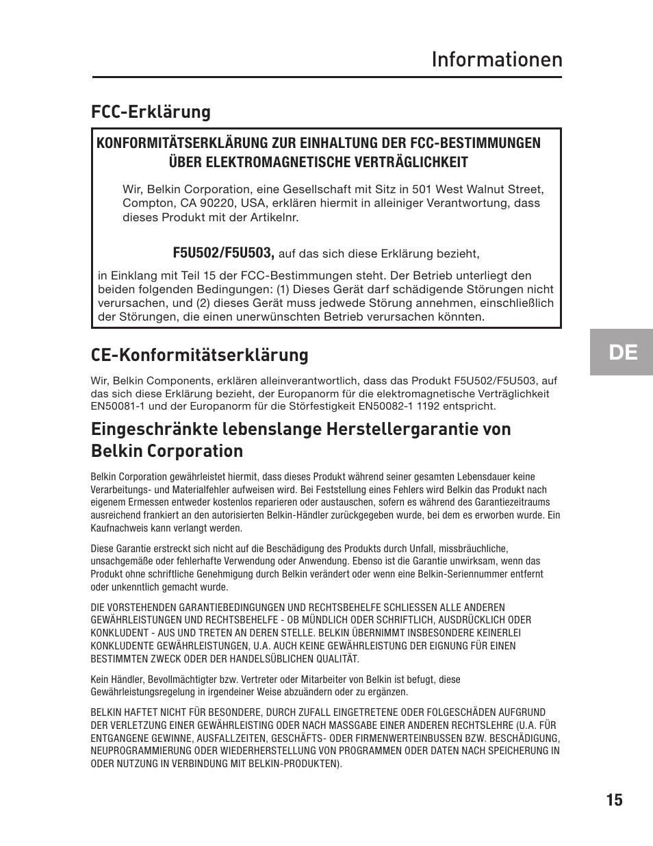 Informationen, Fcc-erklärung, Ce-konformitätserklärung | Belkin FIREWIRE F5U503 User Manual | Page 55 / 112