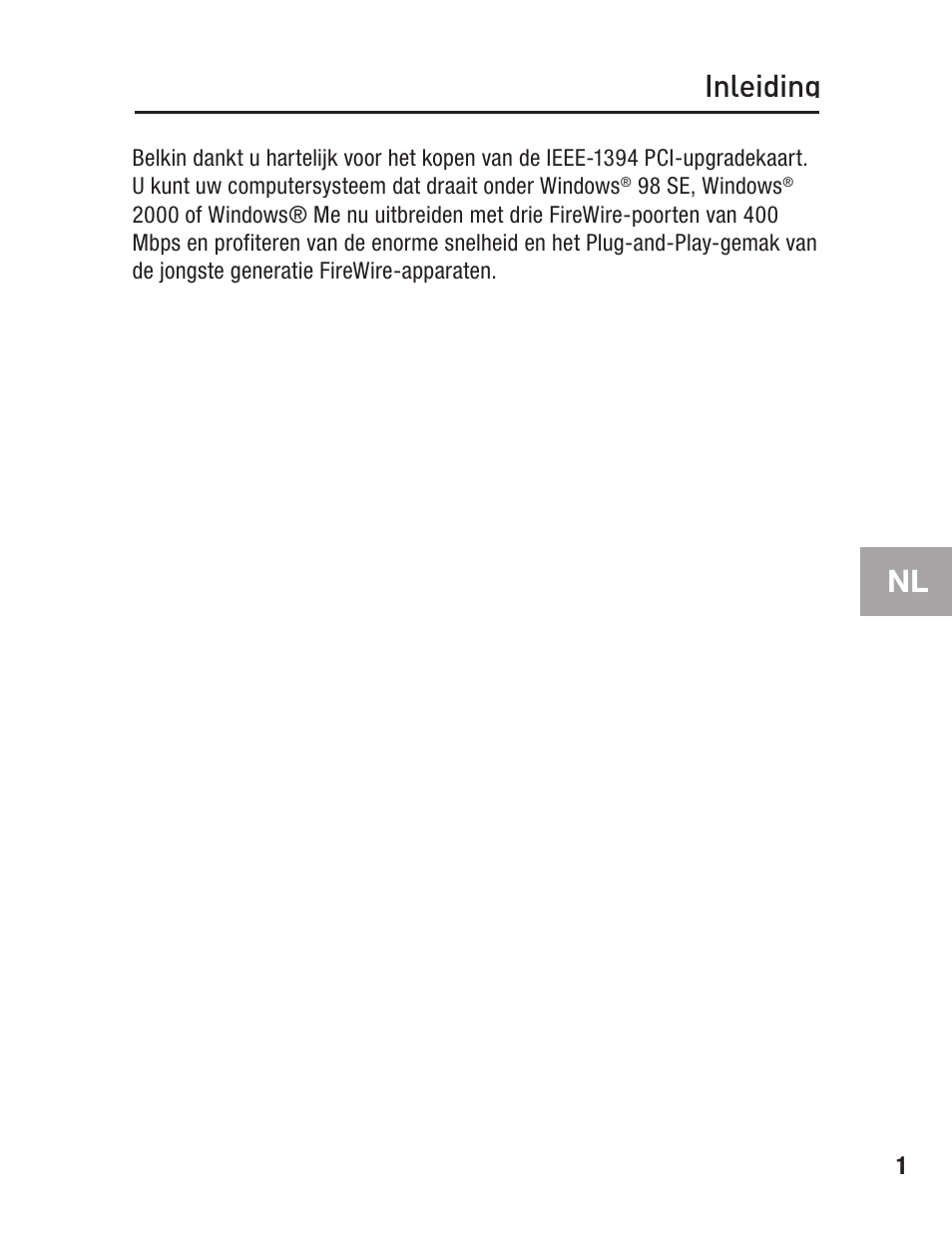 Inleiding, Nl inleiding | Belkin FIREWIRE F5U503 User Manual | Page 59 / 112