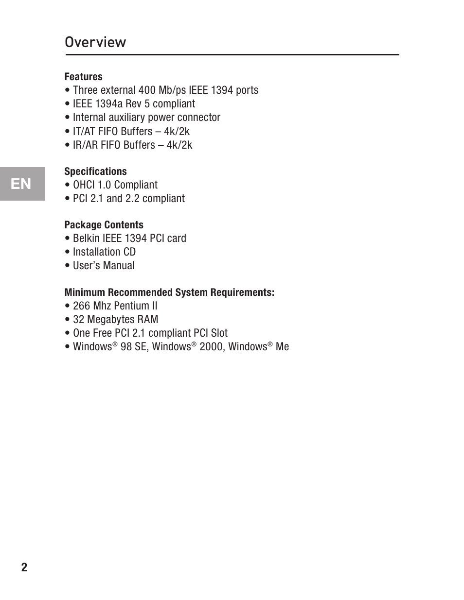 Overview, Features, Specifications | Package contents, Minimum recommended system requirements | Belkin FIREWIRE F5U503 User Manual | Page 6 / 112