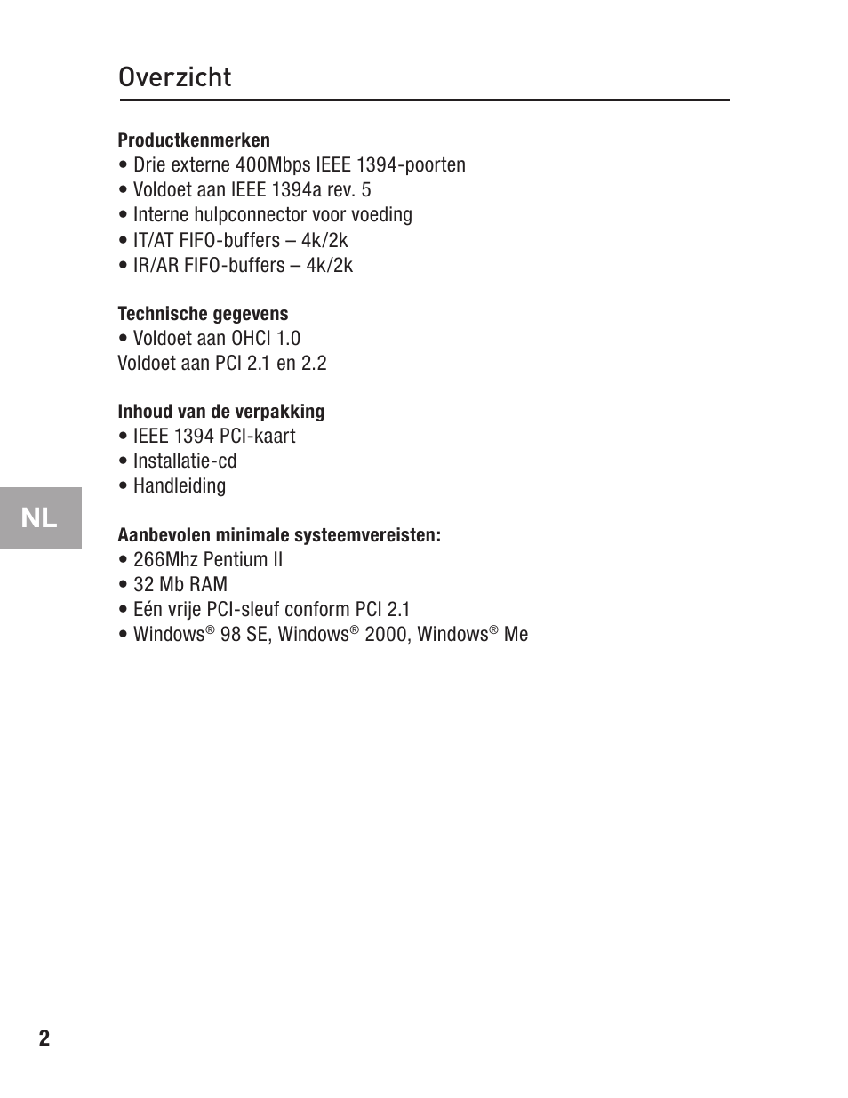 Overzicht, Productkenmerken, Technische gegevens | Inhoud van de verpakking, Aanbevolen minimale systeemvereisten | Belkin FIREWIRE F5U503 User Manual | Page 60 / 112