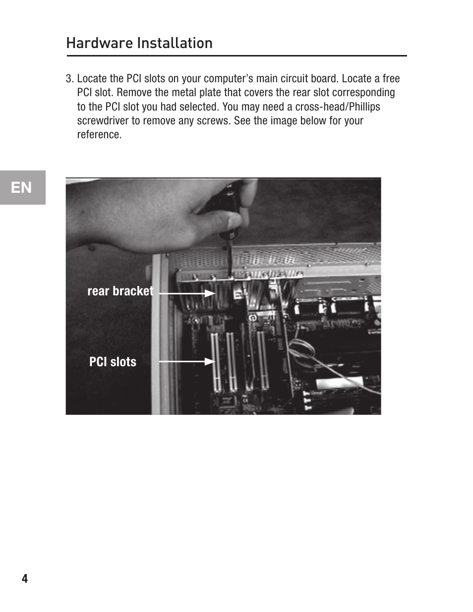 Rear bracket, Pci slots, En hardware installation | Belkin FIREWIRE F5U503 User Manual | Page 8 / 112