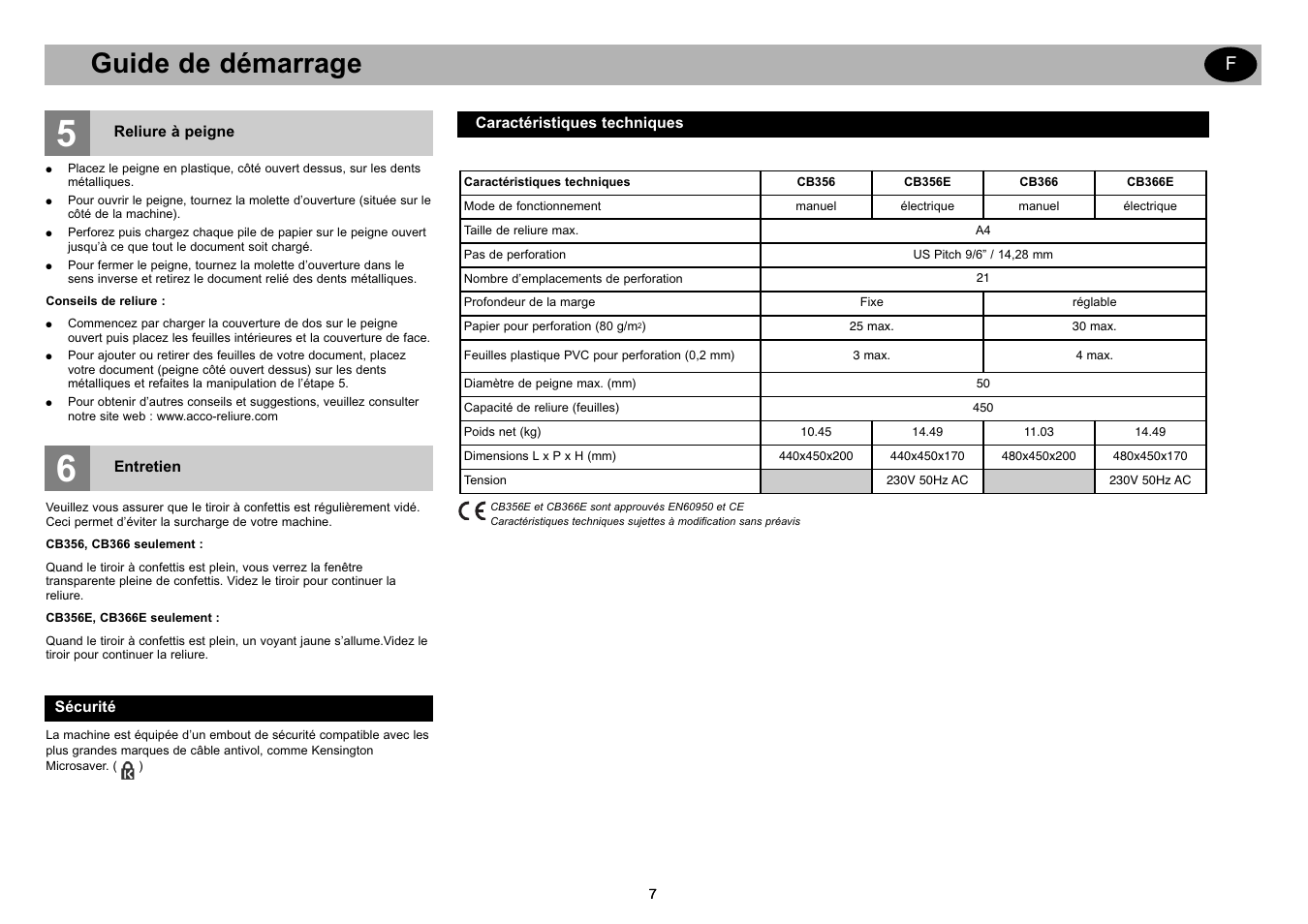 Getting started gb, Guide de démarrage | GBC CB366E Comb Binder User Manual | Page 11 / 44