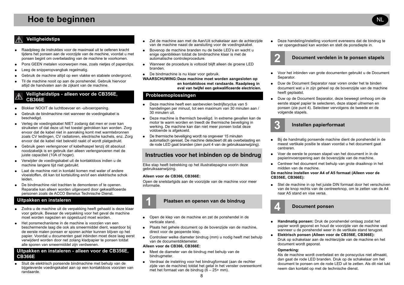 Hoe te beginnen, Instructies voor het inbinden op de bindrug | GBC CB366E Comb Binder User Manual | Page 12 / 44