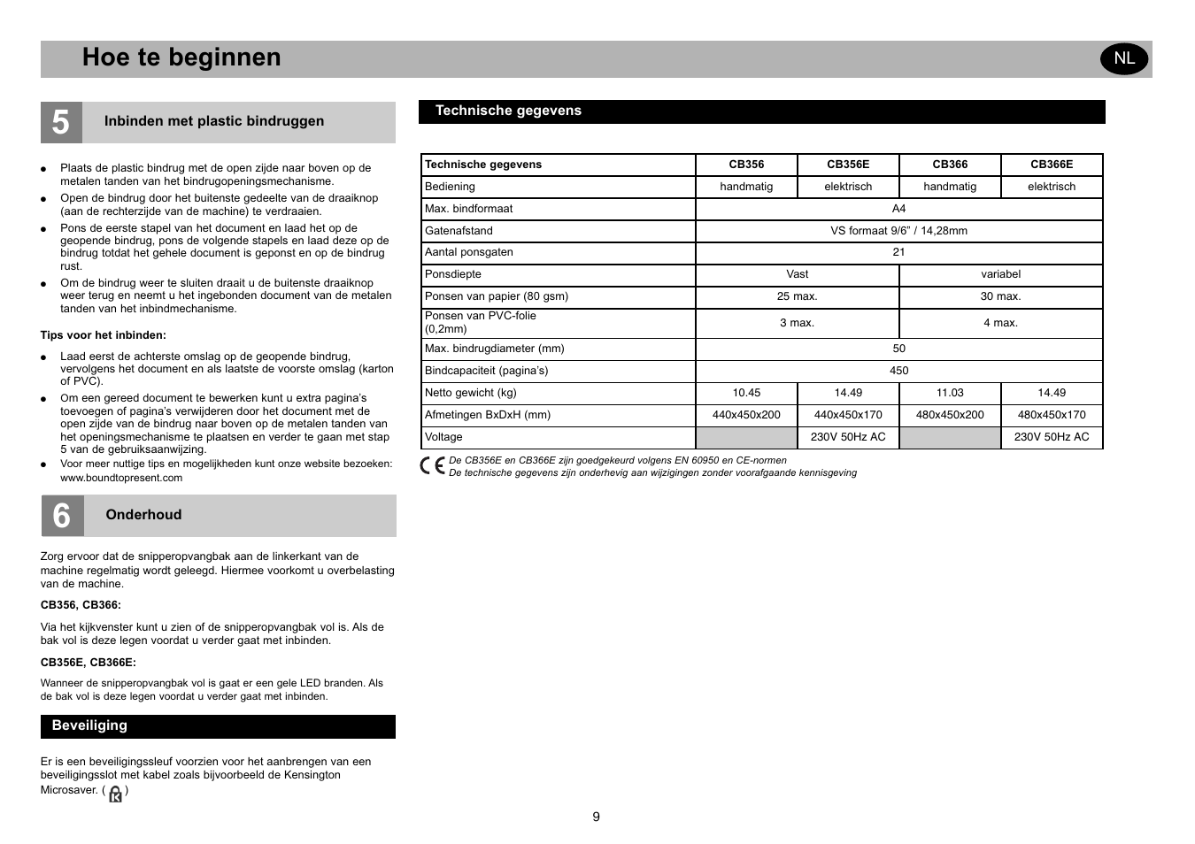 Hoe te beginnen | GBC CB366E Comb Binder User Manual | Page 13 / 44