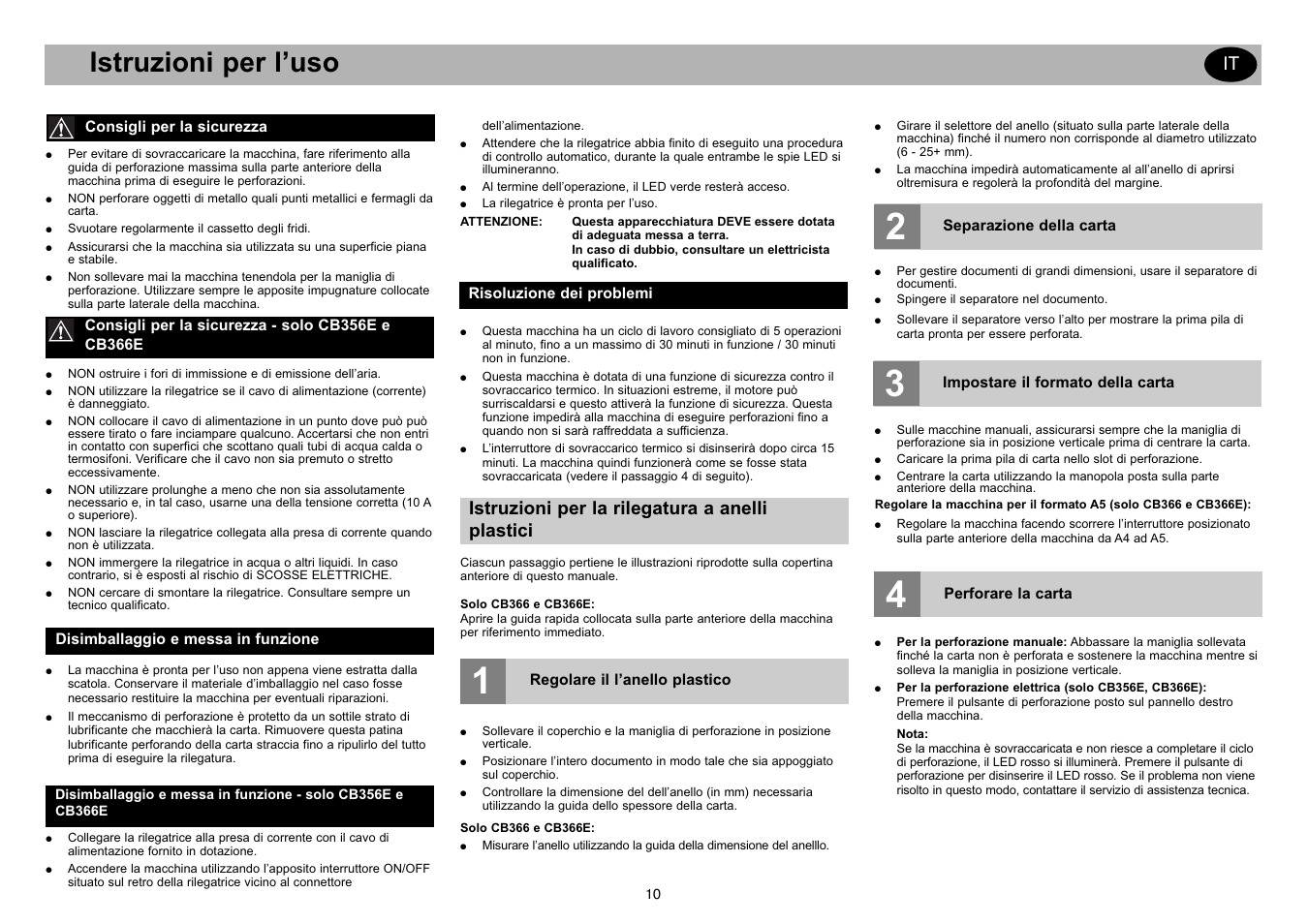 Istruzioni per l’uso, Istruzioni per la rilegatura a anelli plastici | GBC CB366E Comb Binder User Manual | Page 14 / 44