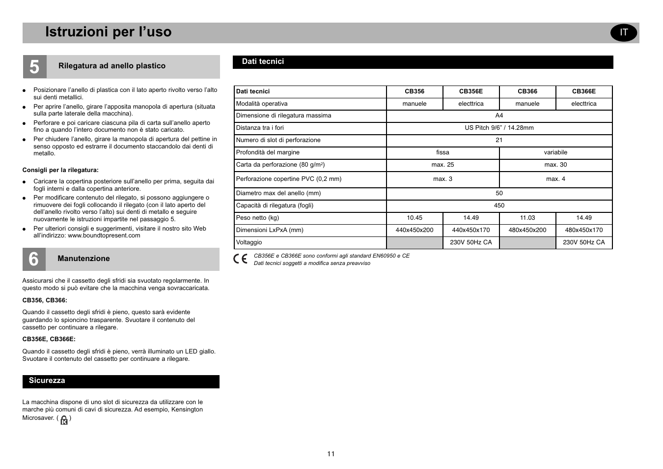 Istruzioni per l’uso | GBC CB366E Comb Binder User Manual | Page 15 / 44