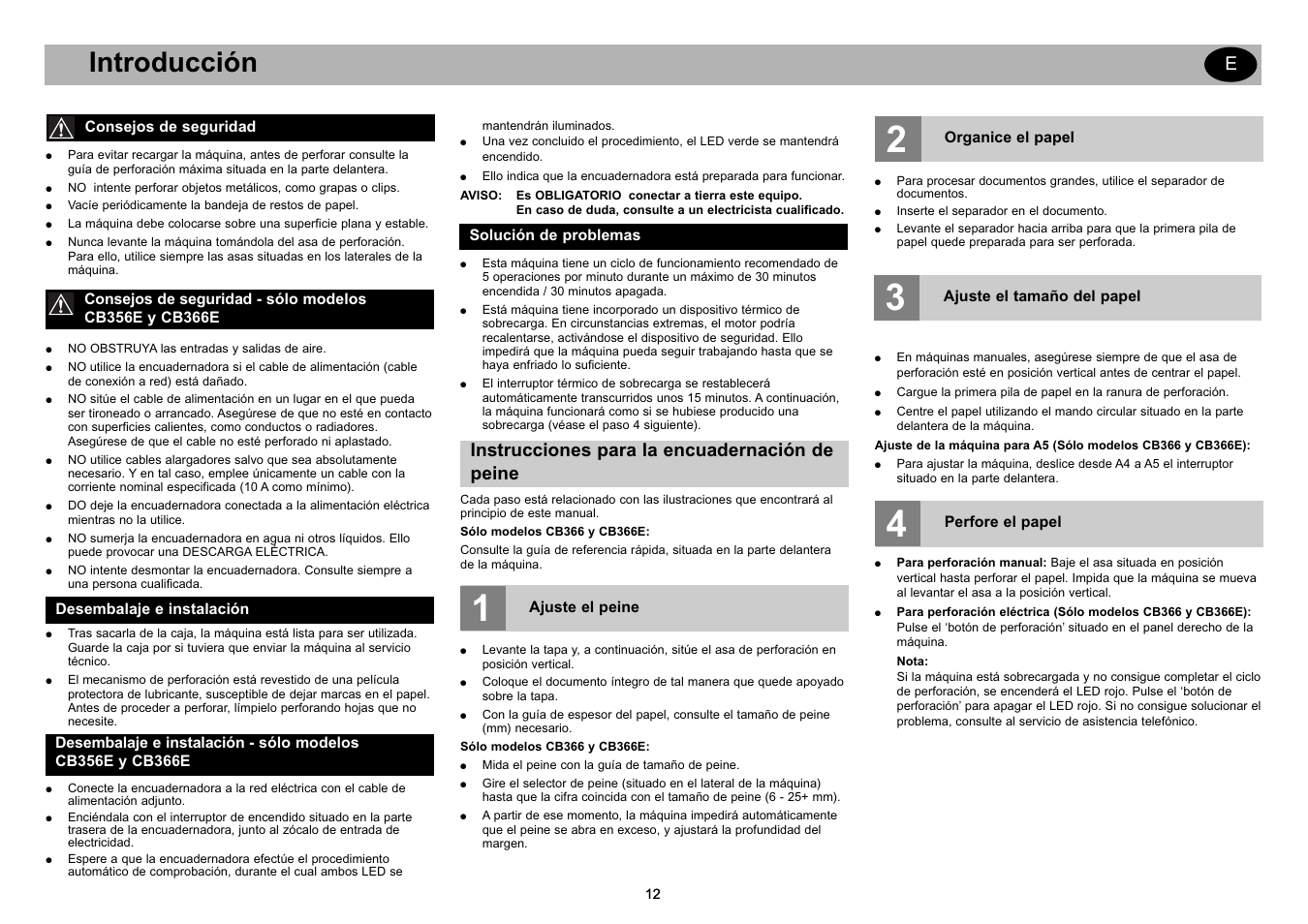 Getting started gb, Introducción, Instrucciones para la encuadernación de peine | GBC CB366E Comb Binder User Manual | Page 16 / 44