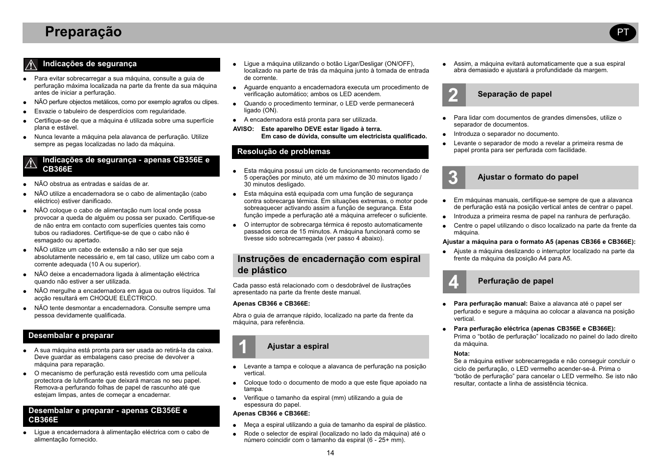 Getting started gb, Preparação, Instruções de encadernação com espiral de plástico | GBC CB366E Comb Binder User Manual | Page 18 / 44