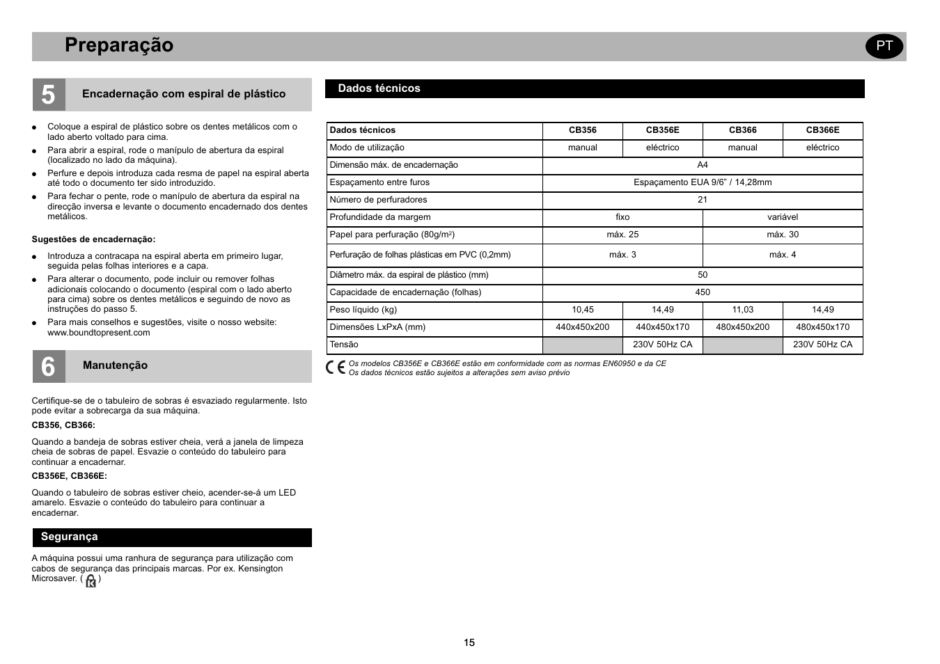 Getting started gb, Preparação | GBC CB366E Comb Binder User Manual | Page 19 / 44