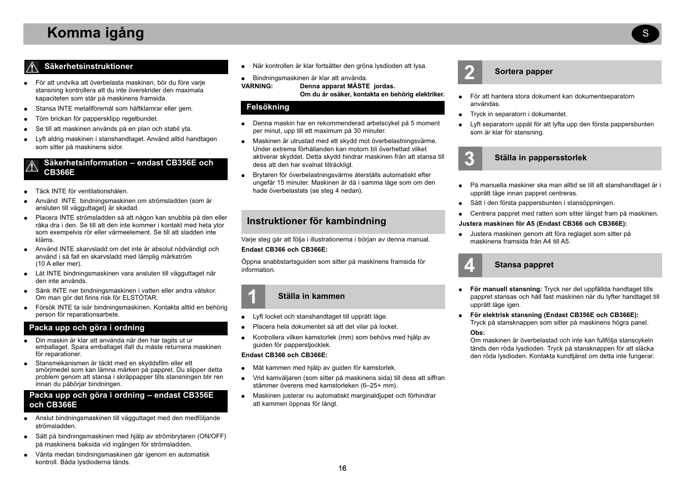 Getting started gb, Komma igång, Instruktioner för kambindning | GBC CB366E Comb Binder User Manual | Page 20 / 44
