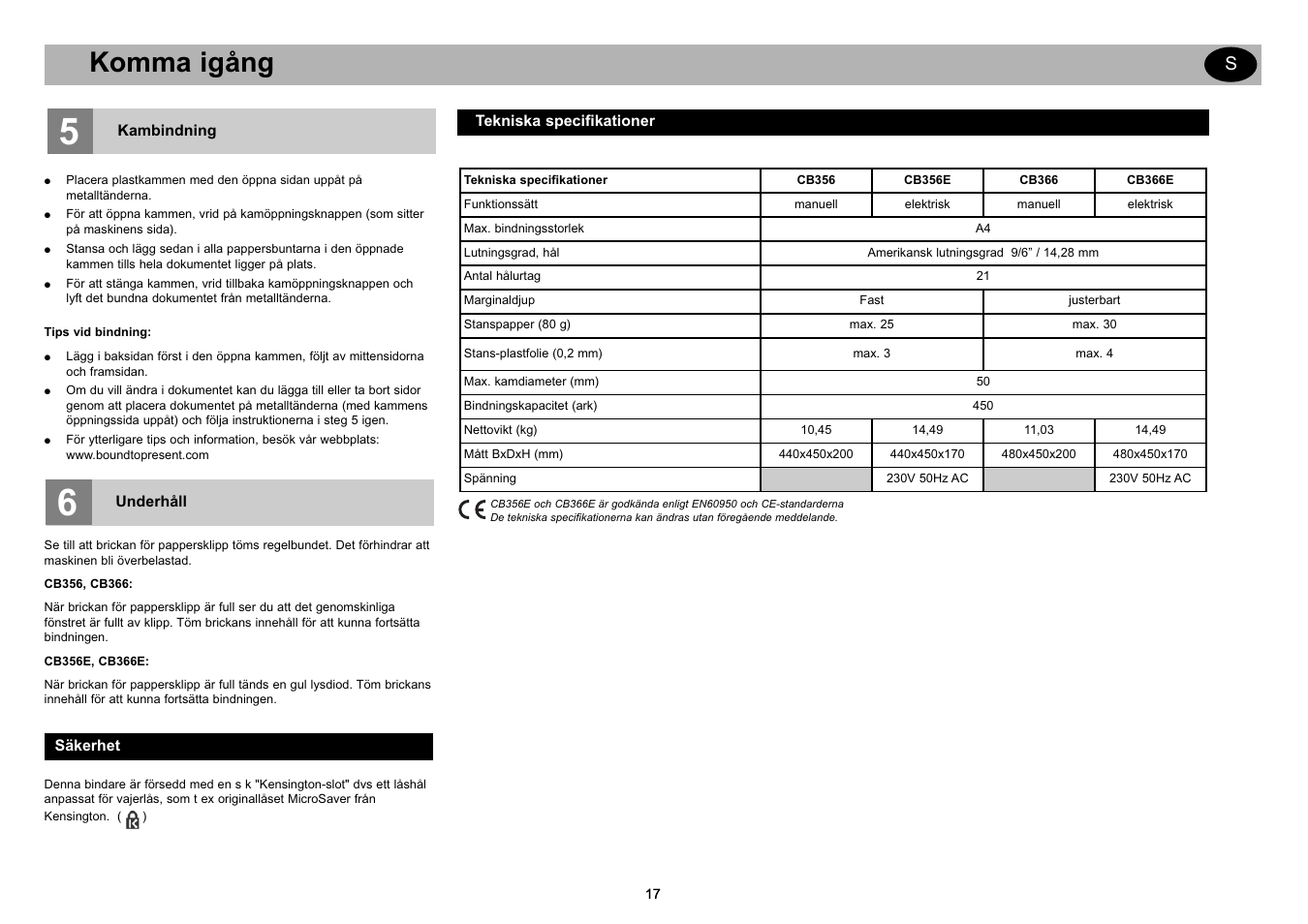 Getting started gb, Komma igång | GBC CB366E Comb Binder User Manual | Page 21 / 44