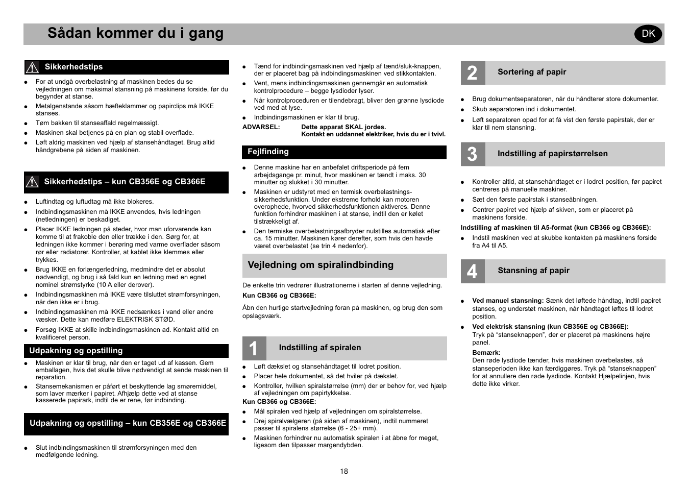 Sådan kommer du i gang, Vejledning om spiralindbinding | GBC CB366E Comb Binder User Manual | Page 22 / 44