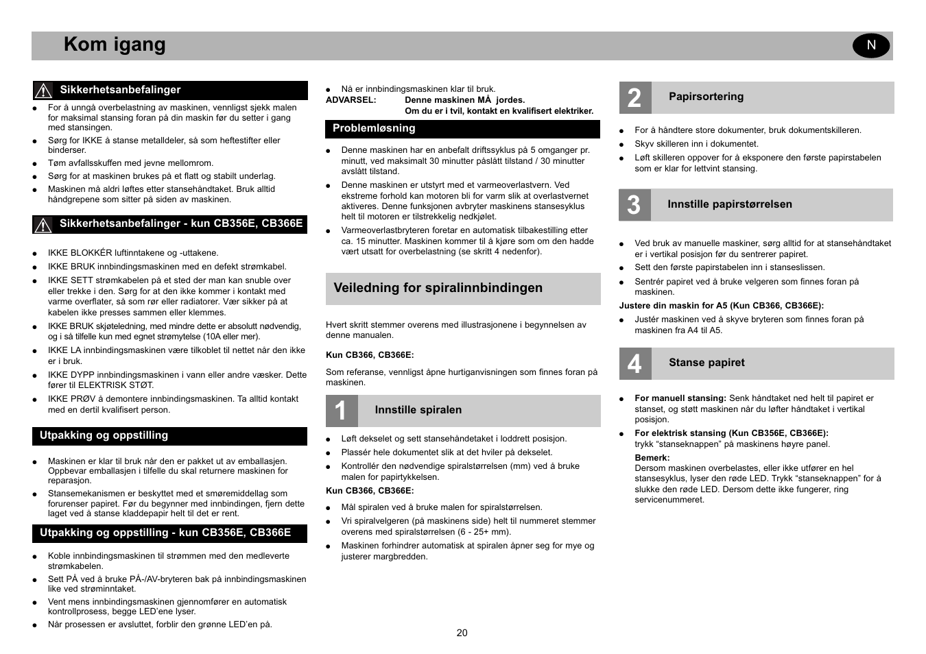Kom igang, Veiledning for spiralinnbindingen | GBC CB366E Comb Binder User Manual | Page 24 / 44