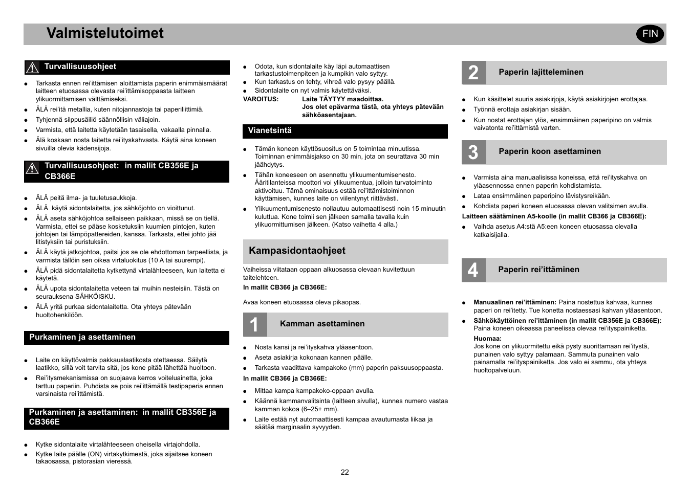 Valmistelutoimet, Kampasidontaohjeet | GBC CB366E Comb Binder User Manual | Page 26 / 44