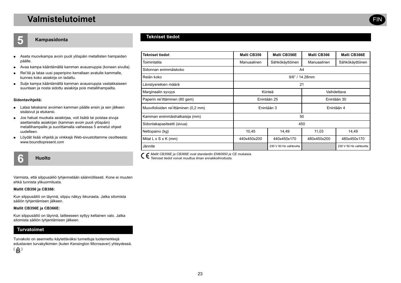 Valmistelutoimet | GBC CB366E Comb Binder User Manual | Page 27 / 44
