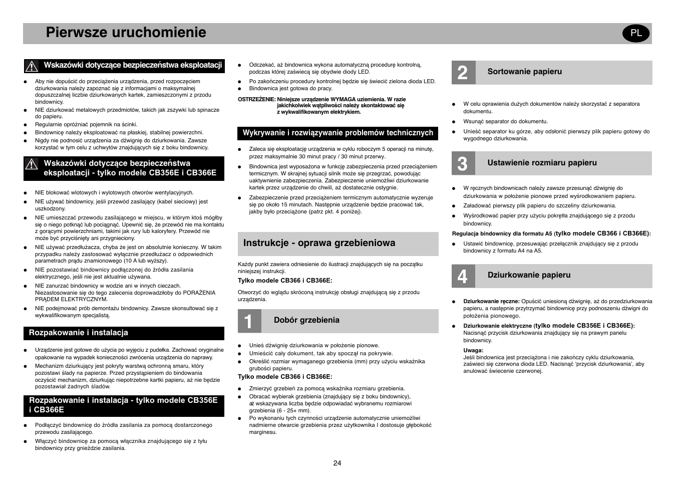 Pierwsze uruchomienie, Instrukcje - oprawa grzebieniowa | GBC CB366E Comb Binder User Manual | Page 28 / 44