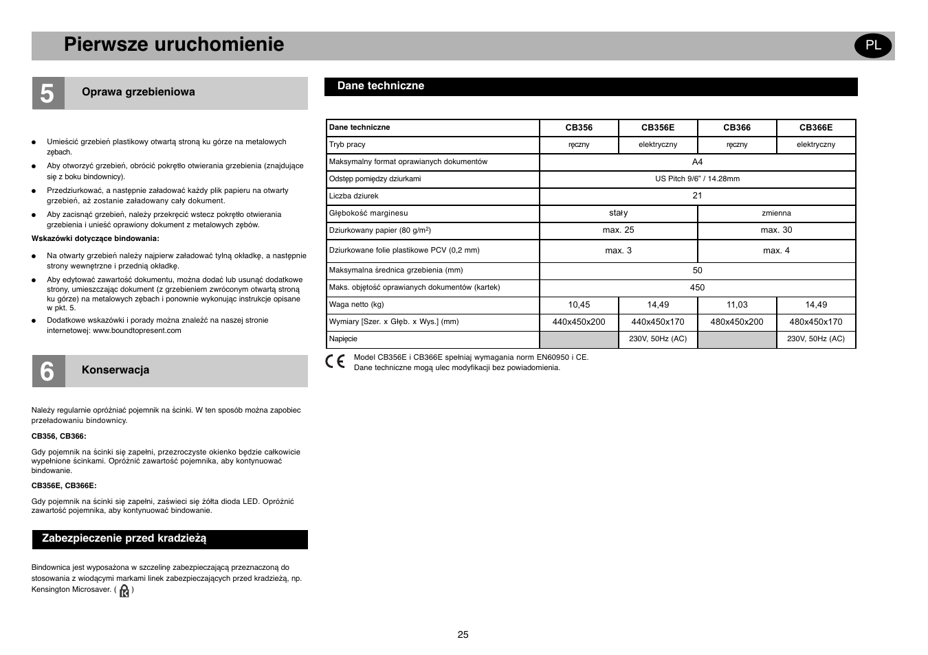 Pierwsze uruchomienie | GBC CB366E Comb Binder User Manual | Page 29 / 44