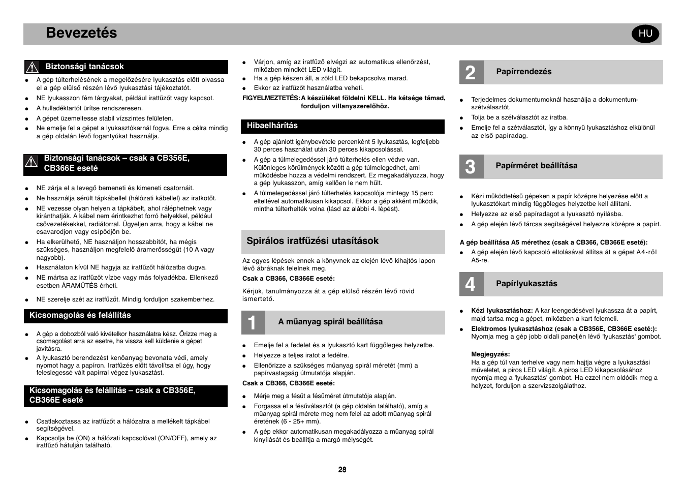 Getting started gb, Bevezetés, Spirálos iratfűzési utasítások | GBC CB366E Comb Binder User Manual | Page 32 / 44