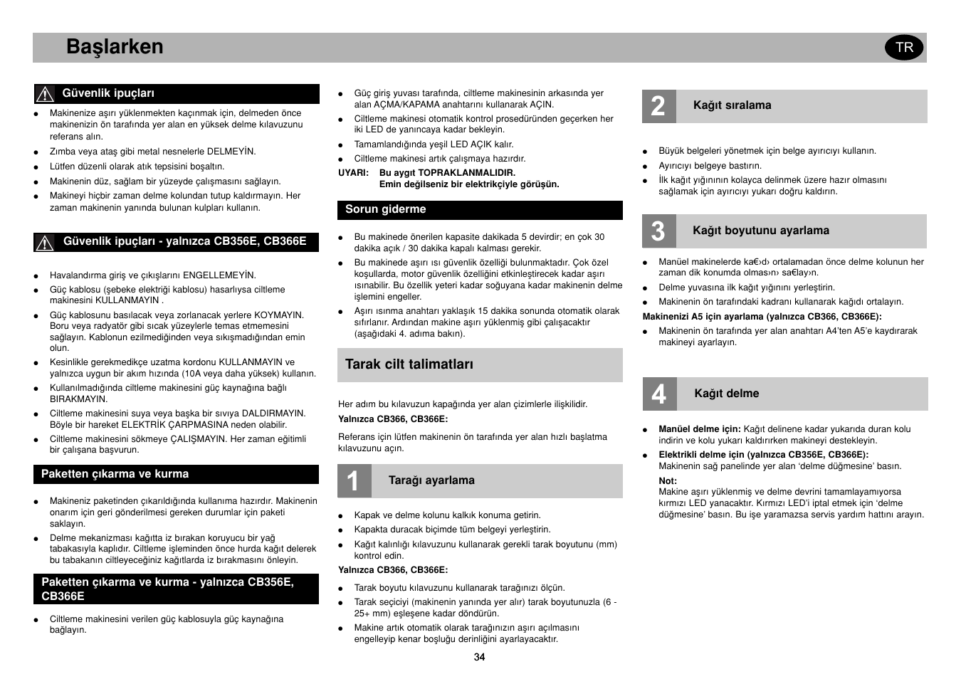 Getting started gb, Baﬂlarken, Tarak cilt talimatlar | GBC CB366E Comb Binder User Manual | Page 38 / 44