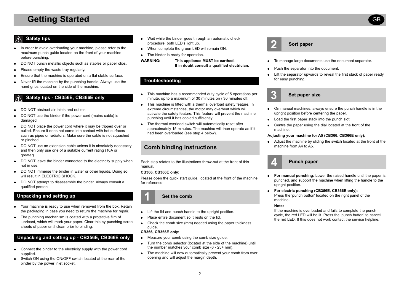 Getting started, Comb binding instructions | GBC CB366E Comb Binder User Manual | Page 6 / 44