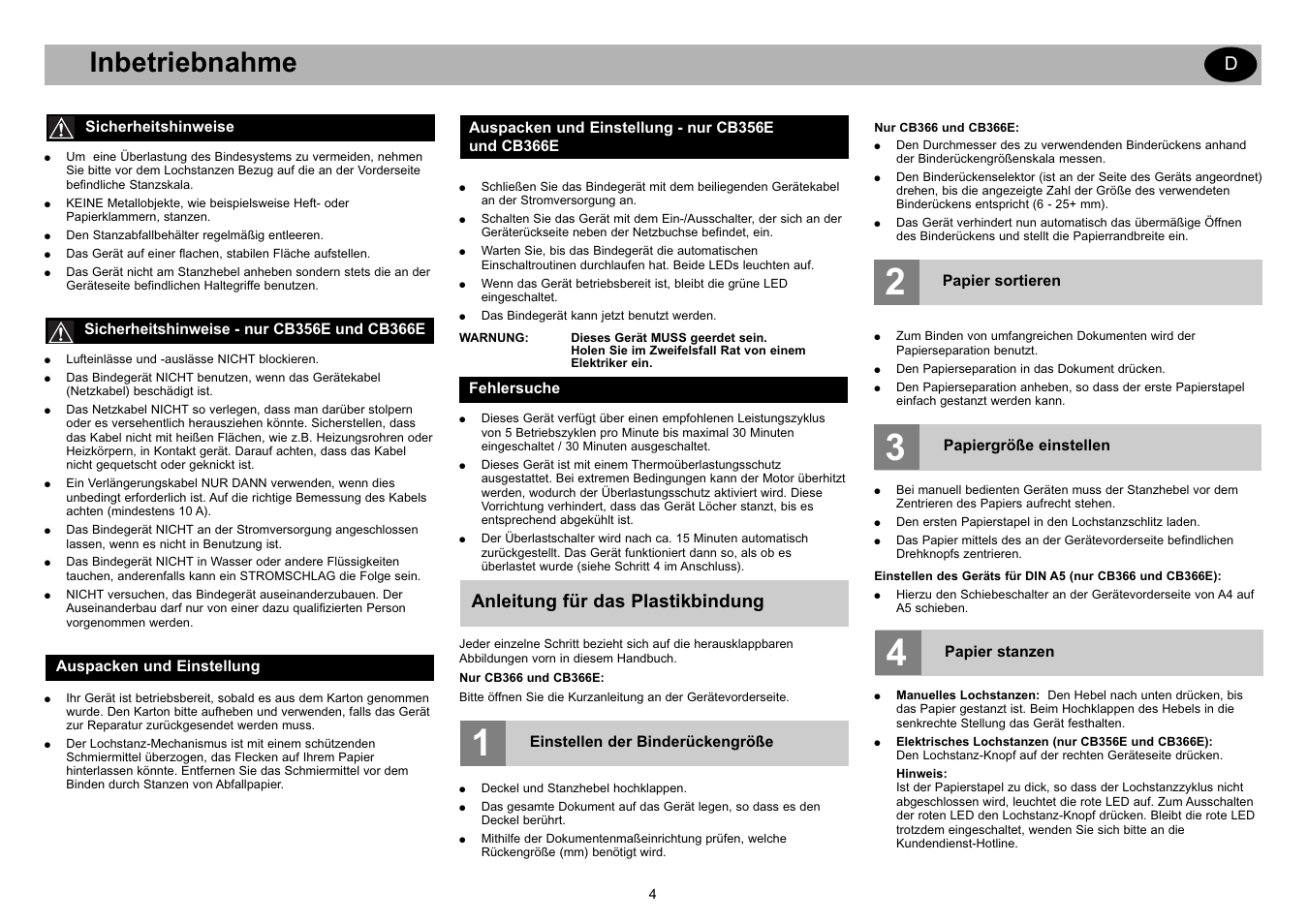 Inbetriebnahme, Anleitung für das plastikbindung | GBC CB366E Comb Binder User Manual | Page 8 / 44