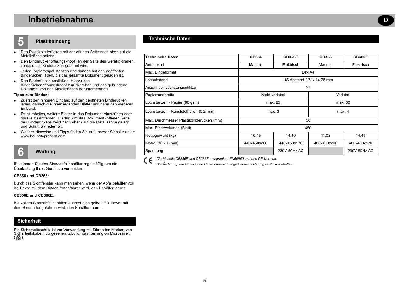 Inbetriebnahme | GBC CB366E Comb Binder User Manual | Page 9 / 44