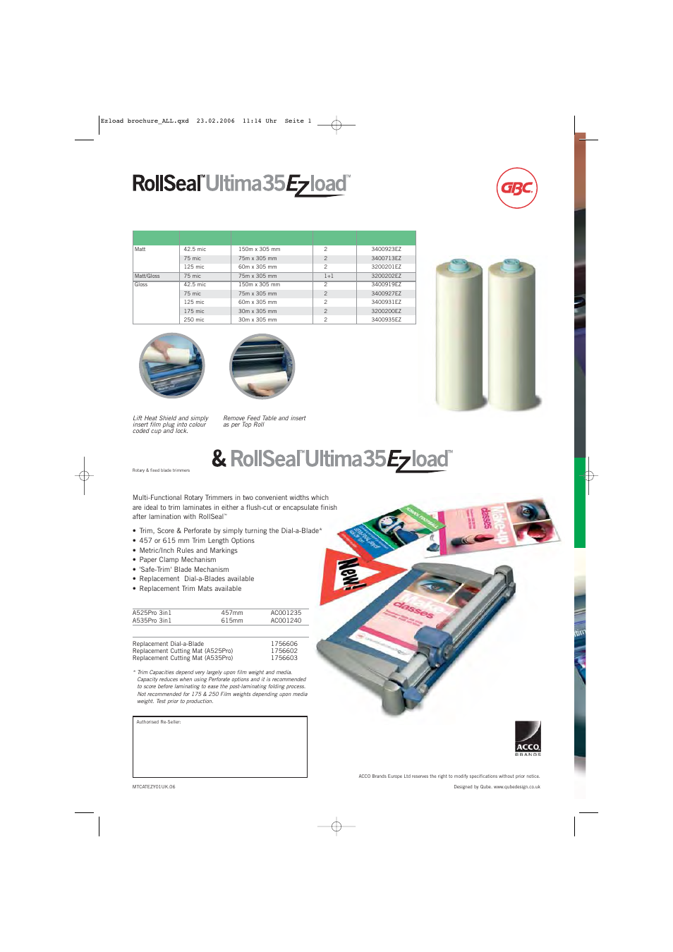 Accucut, Ezload, Film at-a-glance guide | Perfect partners in roll lamination technology | GBC Ezload Roll Seal Laminator User Manual | Page 4 / 4