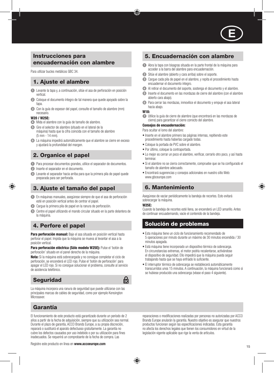Instrucciones para encuadernación con alambre, Ajuste el alambre, Encuadernación con alambre | Garantía, Solución de problemas, Organice el papel, Ajuste el tamaño del papel, Perfore el papel, Mantenimiento, Seguridad | GBC W25E WireBind User Manual | Page 15 / 38