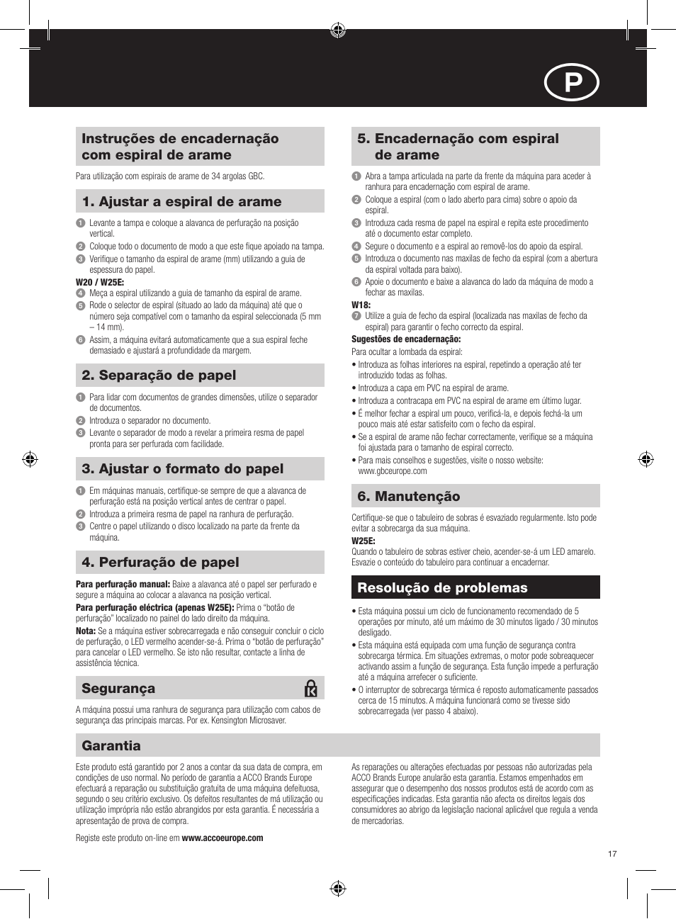 Instruções de encadernação com espiral de arame, Ajustar a espiral de arame, Encadernação com espiral de arame | Garantia, Resolução de problemas, Separação de papel, Ajustar o formato do papel, Perfuração de papel, Manutenção, Segurança | GBC W25E WireBind User Manual | Page 17 / 38