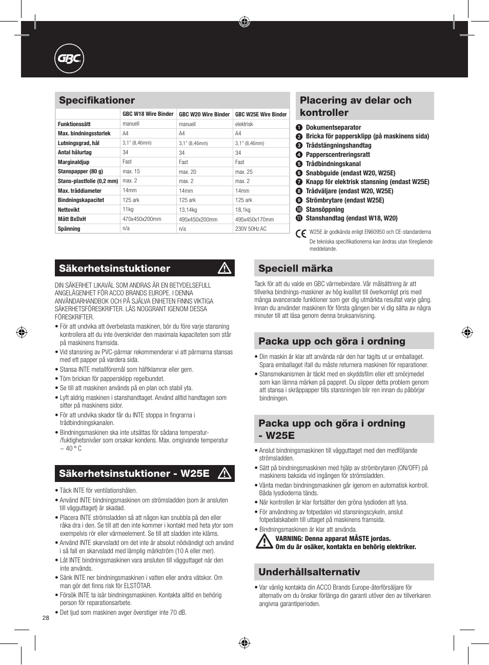Placering av delar och kontroller, Speciell märka, Underhållsalternativ | Packa upp och göra i ordning, Säkerhetsinstuktioner, Säkerhetsinstuktioner - w25e, Packa upp och göra i ordning - w25e, Specifikationer | GBC W25E WireBind User Manual | Page 28 / 38