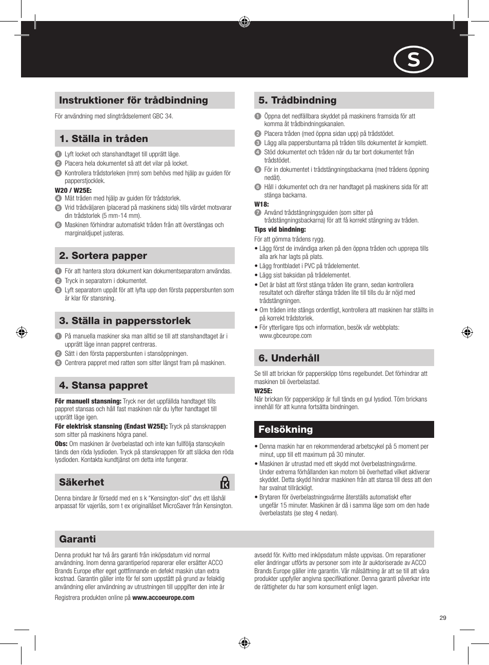 Instruktioner för trådbindning, Ställa in tråden, Trådbindning | Garanti, Felsökning, Sortera papper, Ställa in pappersstorlek, Stansa pappret, Underhåll, Säkerhet | GBC W25E WireBind User Manual | Page 29 / 38