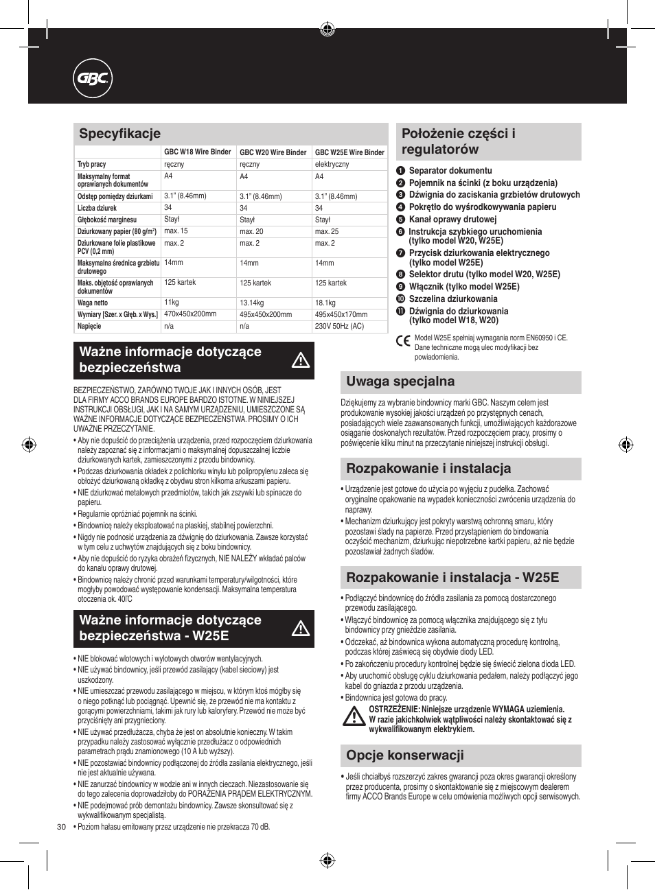 Położenie części i regulatorów, Opcje konserwacji, Rozpakowanie i instalacja | Rozpakowanie i instalacja - w25e, Ważne informacje dotyczące bezpieczeństwa - w25e, Specyfikacje | GBC W25E WireBind User Manual | Page 30 / 38
